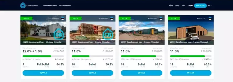 screenshot with investment opportunities from estateguru's website