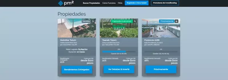 PM2 website capture showing their real estate investment opportunities